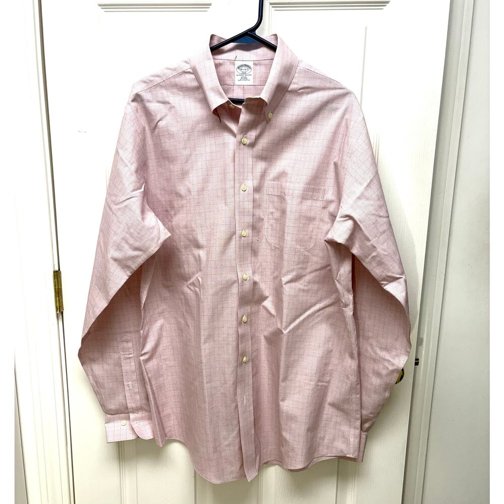Brooks Brothers Shirt Button Down White Red Blue Windowpane, Men
 Size 16.5 6/7